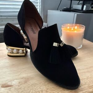 Jeffrey Campbell Black Loafers with Gold and Pearl Heel